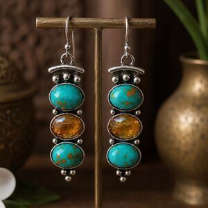 Turquoise & Amber Glass Dangle Earrings – Thai Market Style